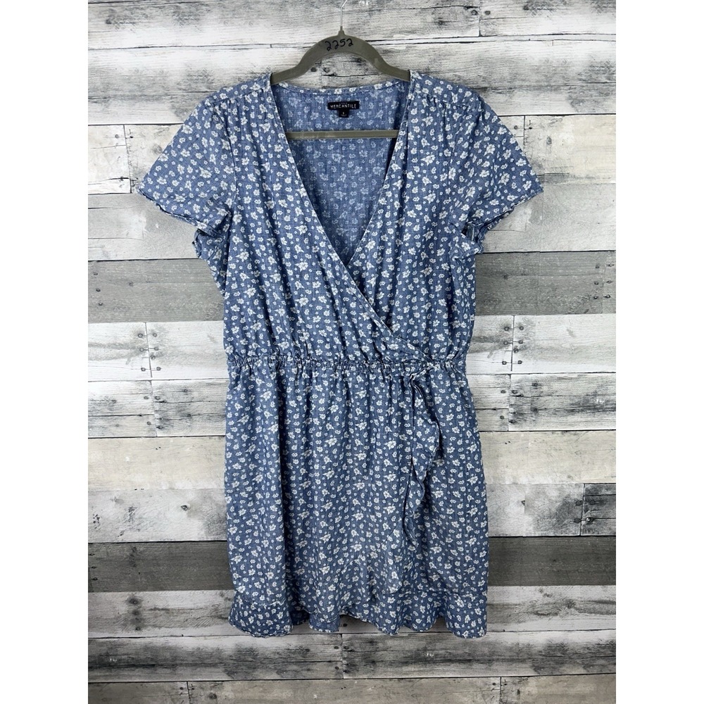 J.Crew Mercantile SZ L Blue Floral Chambray Ruffle Cotton Easy Summer Wrap Dress